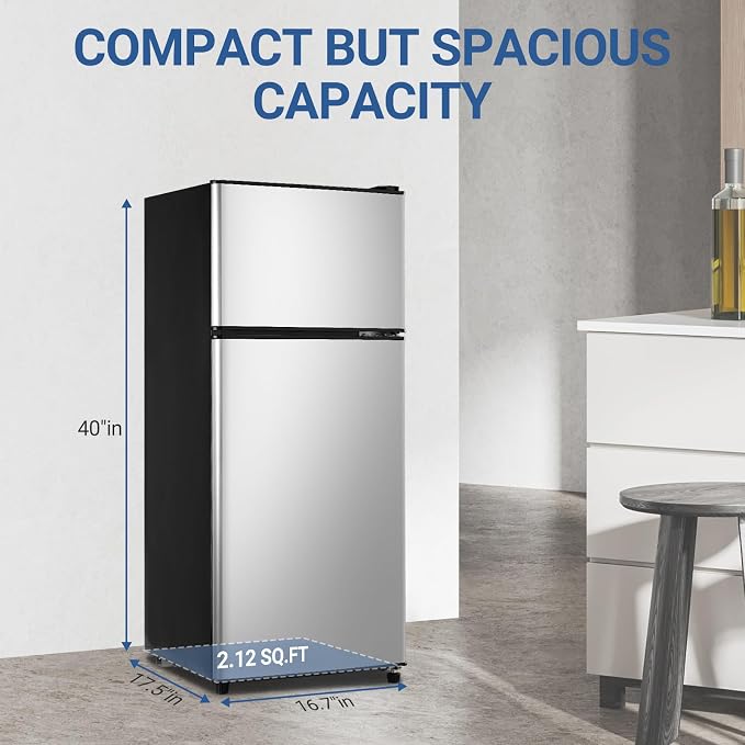 Dorm Fridge with Freezer, Small Refrigerator 3.5 Cu. Ft. 7-Level | Mini Fridge with Freezer for Apartment, 7 Temperature Adjustable Apartment Size Fridge for Kichen, College, RV, Silver