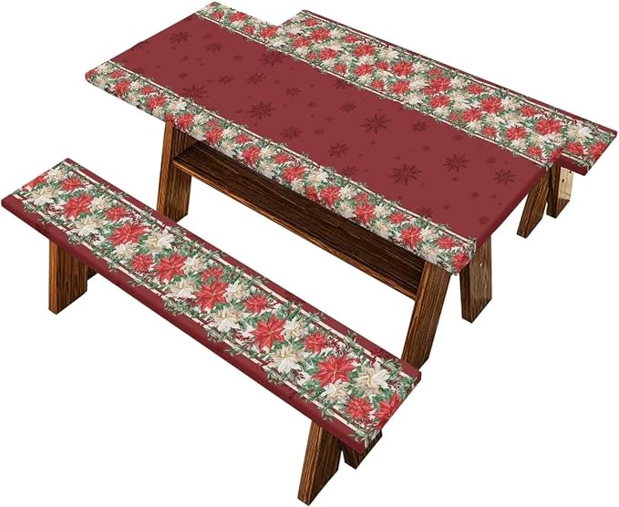Christmas Red Flowers Outdoor Picnic Table Cover Christmas Decorations Outdoor 3 PCS Set Fitted Picnic Table Cover for Outdoor Camping