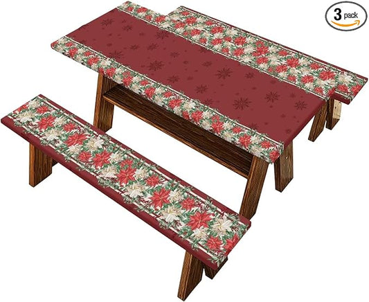 Christmas Red Flowers Outdoor Picnic Table Cover Decorations 3 PCS Set Fitted for Camping