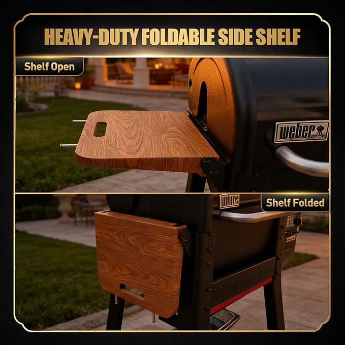 QuliMetal Foldable Side Shelf for Weber Searwood 600 & 600XL Grill, Wood Grain Finish Metal Side Table with Built-in Hooks, Natural Wood Look Grill Side Shelf Accessory