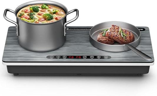 1800W Dual Induction Cooktop, Silver Wood-Grain Panel, 2×900W Burners, Touch Control, 8 Heating Levels, Timer, Black Ceramic Glass, Compatible with Magnetic Cookware
