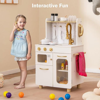 INFANS Kids Kitchen Playset, Toddler Wooden Pretend Cooking Set with Telephone Stove Microwave Storage Cabinet, Play Kitchen Toy Set with Toy Food Cookware Accessories for Children Boys Girls