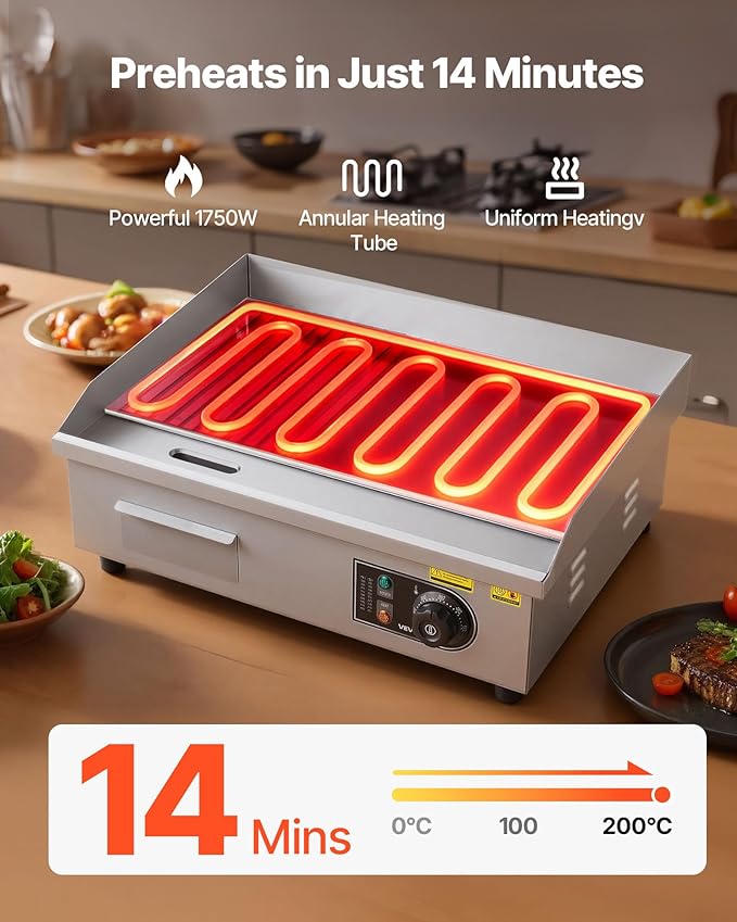 VEVOR Commercial Electric Griddle, 21.06 x 11.81 inch, 1750W, 122-570°F Adjustable Temp Control, Stainless Steel Body, Half Grooved Half Flat, with 2 Spatulas, 2 Brushes, and 4 Foot Pads, for Steak