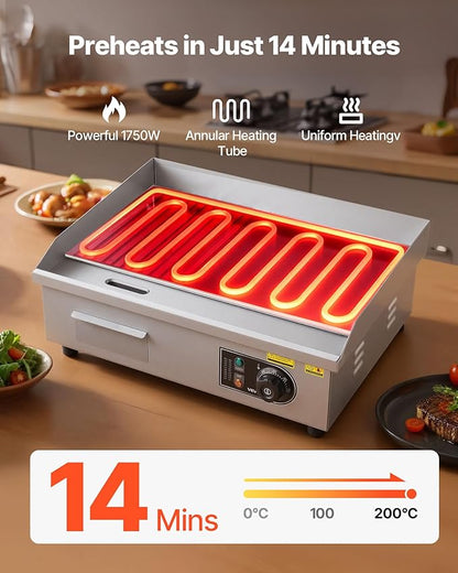 VEVOR Commercial Electric Griddle, 21.06 x 11.81 inch, 1750W, 122-570°F Adjustable Temp Control, Stainless Steel Body, Half Grooved Half Flat, with 2 Spatulas, 2 Brushes, and 4 Foot Pads, for Steak