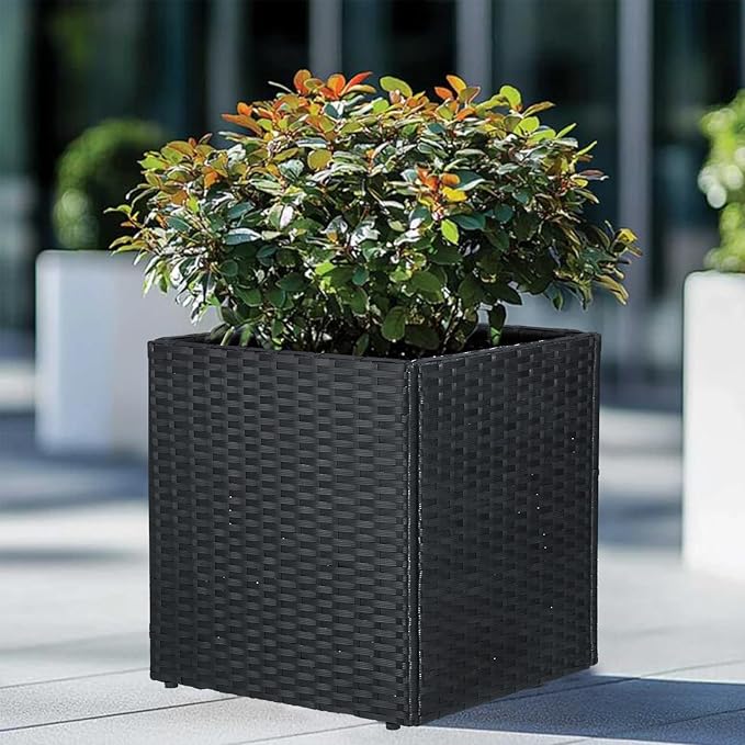 SUNNYPARK Black Square Planter Box Rattan for Outdoors 17x17x18inch | All-Weather, Handmade PE Rattan, Removable Liner, Indoor Outdoor, Patio Porch Garden, Modern Design for Plants Flowers