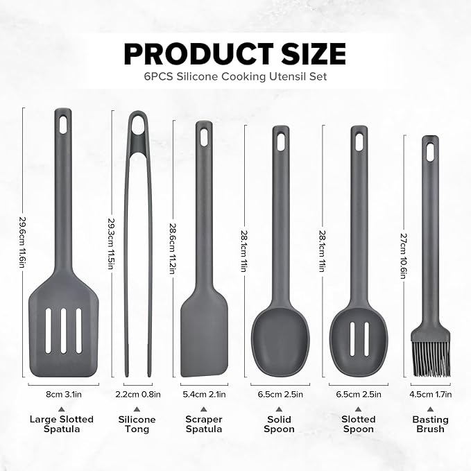 Silicone Kitchen Utensils Set, Heat Resistant Cooking Utensil with Spoon, Scraper, Spatula, Basting Brush & Tongs, BPA-free Non-stick Cookware for Frying, Basting, Serving, Grilling (6 Pack) (GREY)