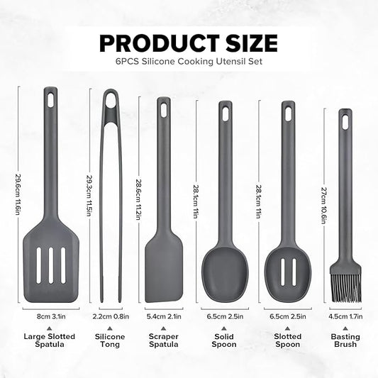 Silicone Kitchen Utensils Set, Heat Resistant Cooking Utensil with Spoon, Scraper, Spatula, Basting Brush & Tongs, BPA-free Non-stick Cookware for Frying, Basting, Serving, Grilling (6 Pack) (GREY)