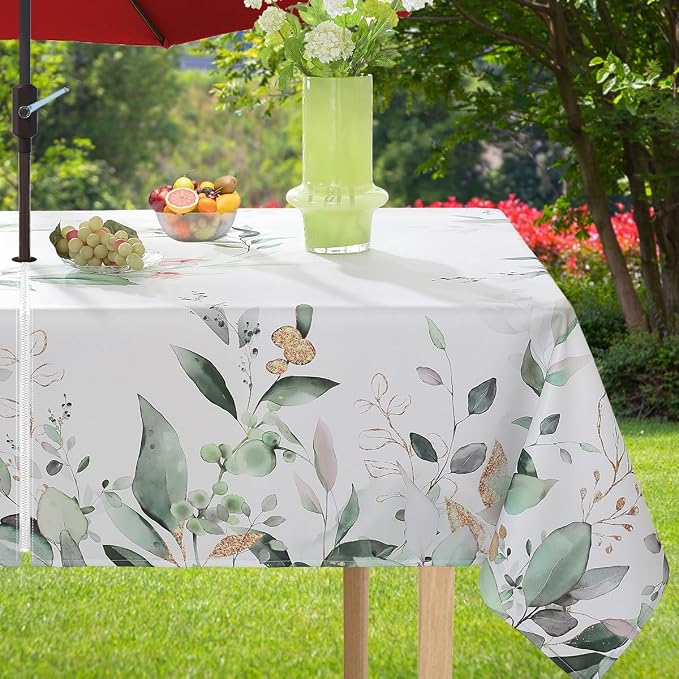 Outdoor Tablecloth with Umbrella Hole and Zipper Rectangle 60 x 120 Inch Eucalyptus Leaves Floral Watercolor Zippered Table Cloth, Soft Table Cover for Spring/Summer/Patio/Picnic/Camping, Green