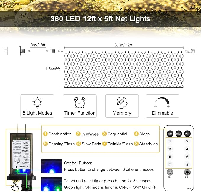 JMEXSUSS 360 LED Christmas Net Lights, Warm White, 12ft x 5ft | Outdoor Waterproof, Connectable, Plug in, Mesh Lights with Remote for Bushes Shrubs Christmas Decorations