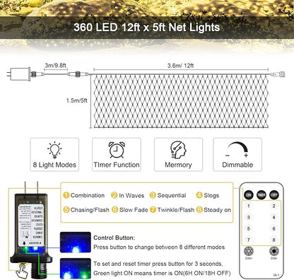 JMEXSUSS 360 LED Christmas Net Lights, Warm White, 12ft x 5ft | Outdoor Waterproof, Connectable, Plug in, Mesh Lights with Remote for Bushes Shrubs Christmas Decorations