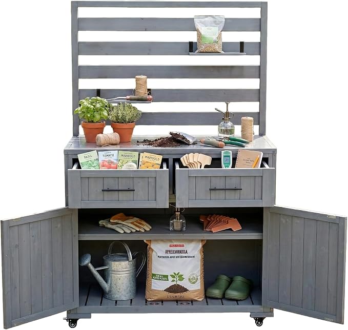 65 Inch Patio Kitchen Island with Stainless Steel Top, Gray | Gray fir wood, stainless steel top, garden or patio, 2 drawers, 3 movable shelves, cabinet, lockable wheels, 41.7 in L