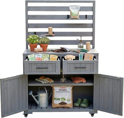 65 Inch Patio Kitchen Island with Stainless Steel Top, Gray | Gray fir wood, stainless steel top, garden or patio, 2 drawers, 3 movable shelves, cabinet, lockable wheels, 41.7 in L