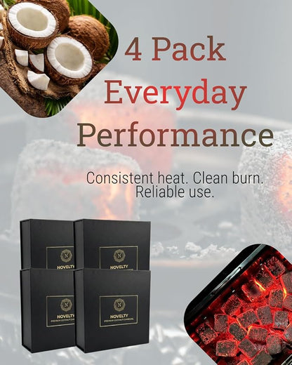 Novelty Coconut Charcoal Cubes with 5.5" Aluminum Foil – Premium 25mm Natural Coals, 72 Pieces, 1kg Box – Lightweight, Long-Lasting & Clean Burn (4 Pack)