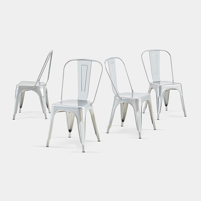 AC Pacific 18 Inch Seat Height Industrial Metal Dining Chairs, Stackable Kitchen or Bar Seat, Durable Modern Design, Versatile Accent Furniture, Set of 4, Silver
