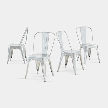 AC Pacific 18 Inch Seat Height Industrial Metal Dining Chairs, Stackable Kitchen or Bar Seat, Durable Modern Design, Versatile Accent Furniture, Set of 4, Silver