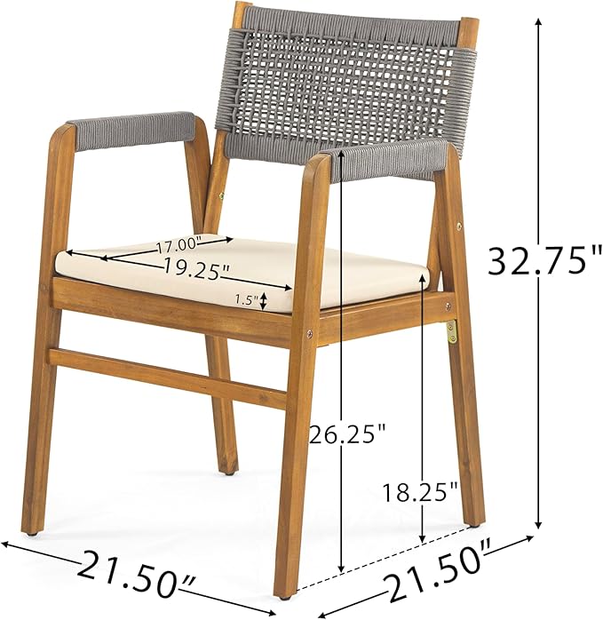 Christopher Knight Home Set of 2 Terry Farmhouse Country Patio Acacia Wood Dining Armchairs, Outdoor Side Chair with Rope Woven Backrest, Garden/Backyard Accent Chair with Cushions,Grey+Natural Brown