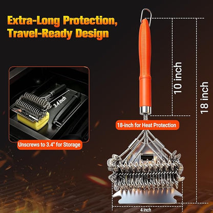 Professional 3-in-1 Grill Brush and Scraper with Safety Second Sweep Sponges - 18" Detachable Long Handle BBQ Cleaner for Heavy Duty Grime - Ideal Father's Day Grilling Gift for Men (Orange)