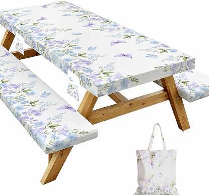 Fitted Picnic Table Cover with Bench Covers Elastic Waterproof Oil-Proof VintageTablecloths for 6 Foot Rectangle Tables Dining Outdoor Patio Camping Essentials