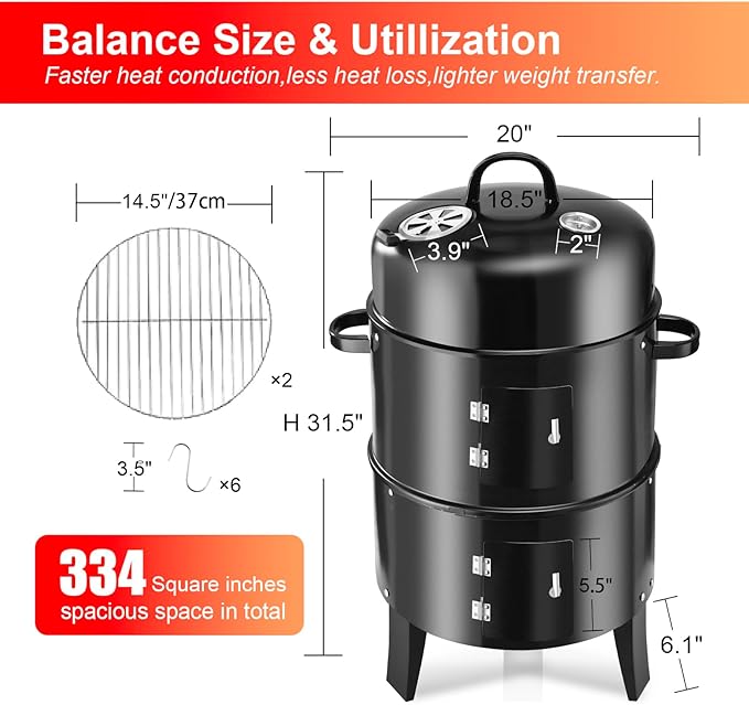 Vertical 19Inch Round Charcoal Smoker Grill,Heavy-Duty BBQ Smoker for Outdoor Smoking Multi-Layer Pellet Ideal for Meats-Offset Charcoal Grill with Hook,Thermometer,Black