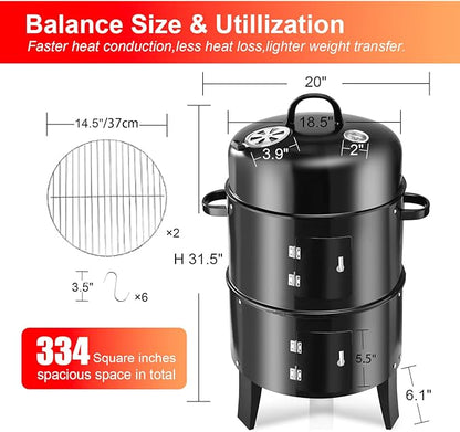 Vertical 19Inch Round Charcoal Smoker Grill,Heavy-Duty BBQ Smoker for Outdoor Smoking Multi-Layer Pellet Ideal for Meats-Offset Charcoal Grill with Hook,Thermometer,Black