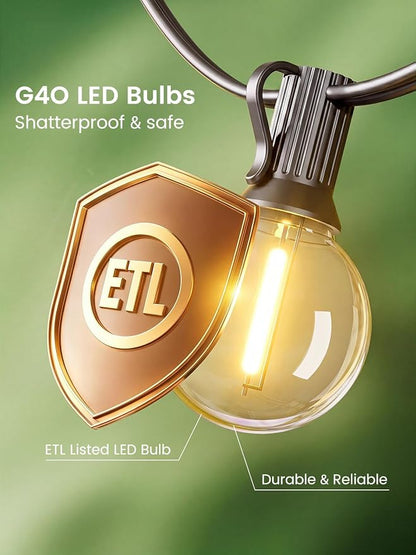 LACHON Outdoor String Lights Waterproof 25 FT with 12 G40 IP65 Bulbs | Dimmable,Connectable,Shatterproof,2700K Warm White,Perfect For Any Outdoor Space,Patio,Backyard,Cafe,Bistro,Porch,Market