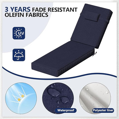 72 x 21 x 4 Inch Olefin Chaise Lounge Cushions, Lounge Chair Cushions with Headrest for Outdoor Furniture - Weather and Fade Resistant Patio Replacement Furniture Lounge Chair Cushion Set of 4