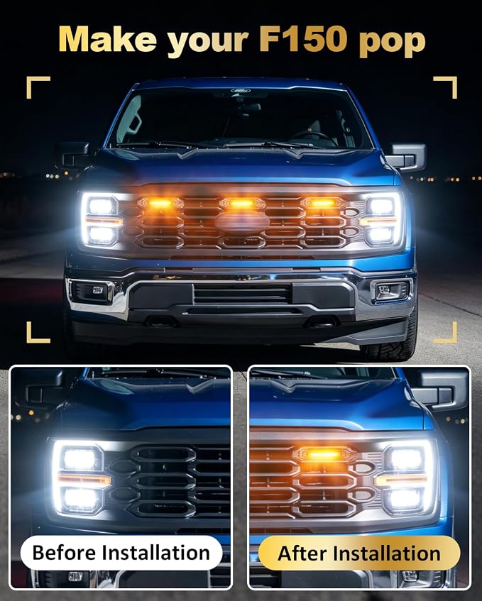 Front Grill Raptor Lights for Ford F150 2024 2025 2026 (Yellow, XL) | 5th Gen F150 Grille Marker Lights, Waterproof F150 LED Lights Accessories, Snap-in Installation, OEM Style, Off-road Driving