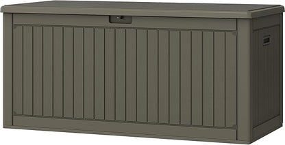 DWVO 320 Gallon Resin Outdoor Storage Box, XXL Double-Wall Waterproof Deck Box with Divider, Doubles as Table or Seating with 1000 lbs Capacity, Lockable (Light Brown)