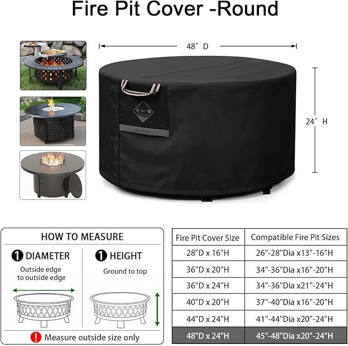 QH.HOME Fire Pit Cover Round Super Waterproof, 48" D X 24" H Outdoor Round Firepit Cover 600D Strong Tear Resistant, UPF 50+ Fire Pit Covers Premium Fading Resistant for Outdoor Fire Pit - Black