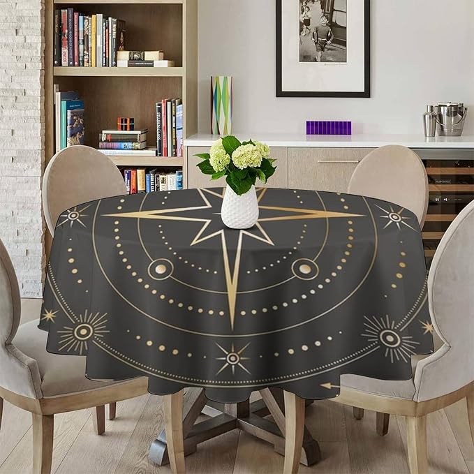 Vintage Tarot Moon Round Tablecloth Boho Mystical Crescent Moon Phases Star Galaxy Space Table Cloth Water Resistant Wipeable Table Cover for Picnic Party Holiday Kitchen Dinner Table 50"