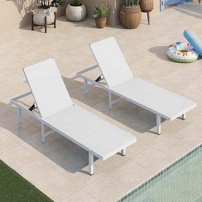 Pool Lounge Chairs Set of 2, Aluminum Outdoor Lounge Chairs with Wheels and 5-Position Recliner -Easy to Move- Patio Chaise Lounge Outdoor for Poolside, Deck, Beach (White)