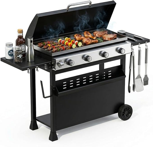 Garvee 4 Burner Propane Gas Griddle with Removable Cart – Convertible Flat Top Grill with Hood, 32,000 BTU Portable Griddle for Camping, Tailgating, Backyard – Black