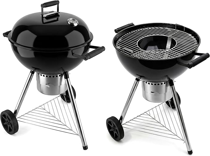 Elitzia 22 Inch Classic Kettle Charcoal Grill Portable Outdoor Round Enamel BBQ Grill with Removable Center Grate with Thermometer Chrome Plated Cooking Grid for Backyard Camp Patio Gathering ETBBQ03