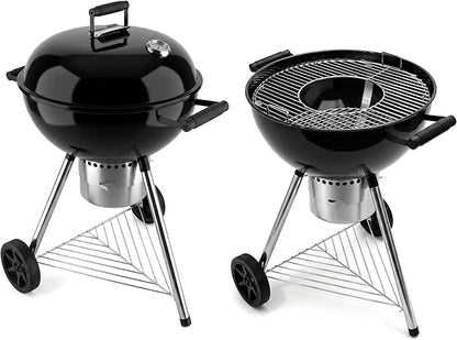 Elitzia 22 Inch Classic Kettle Charcoal Grill Portable Outdoor Round Enamel BBQ Grill with Removable Center Grate with Thermometer Chrome Plated Cooking Grid for Backyard Camp Patio Gathering ETBBQ03