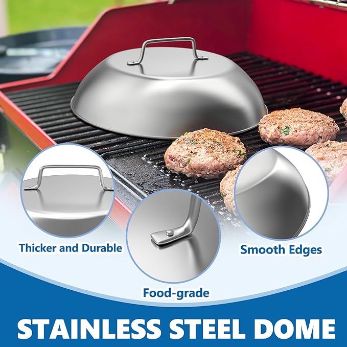 SafBbcue 2 Sets Flat top Grill Accessories 12" Cheese Melting Dome Basting Cover for Blackstone, Pitboss, Camp Chef Steamer Pizza Oven/Wok Cover, Food Metal Dome Cover for Grill Cooking Accessories