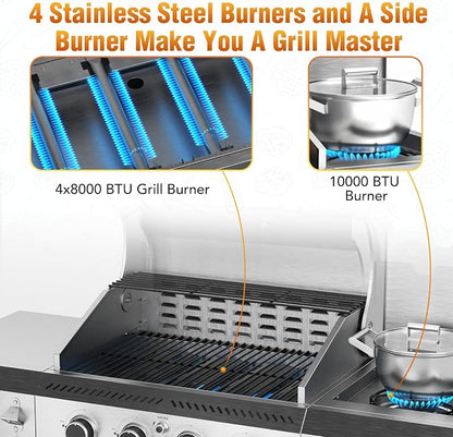 Electactic Stainless Steel 4-Burner Gas Grill with Side Burner – 42000BTU Propane BBQ Grill with Thermometer, Heavy-Duty Grill for Outdoor Patio and Backyard Cooking