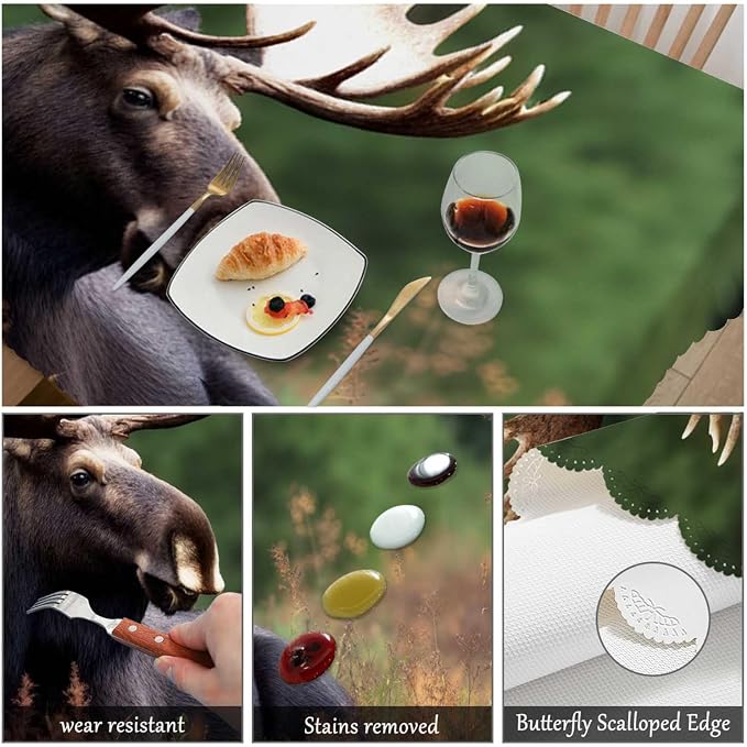 Swono Moose Tablecloth Wild Animal Moose Rest Grass Forest Decorative Table Cover Tabletop Table Cloth for Kitchen, Party Banquet and Holiday Tablecloth, 52x70 Inch(4-6 Seats)