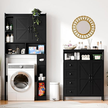 Vabches Farmhouse Storage Cabinet with 2 Doors and 4 Drawers, Freestanding Bathroom Compartment Kitchen Pantry Cabinet, Floor Cupboard for Kitchen/Living Room/Bathroom,Pure Black