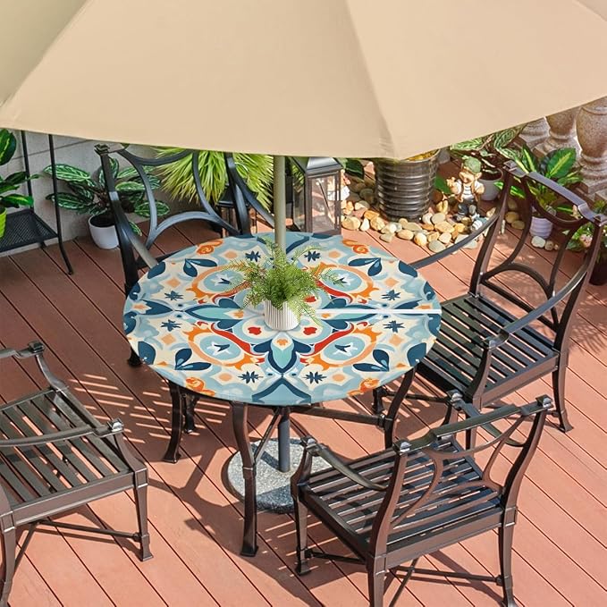 Boho Mandala Outdoor Fitted Round Tablecloth with Umbrella Hole, 45"-56" Elastic Patio Table Cloth with Zipper Oil-Proof Waterproof Patio Table Cover for Picnic Party Spring Decoration