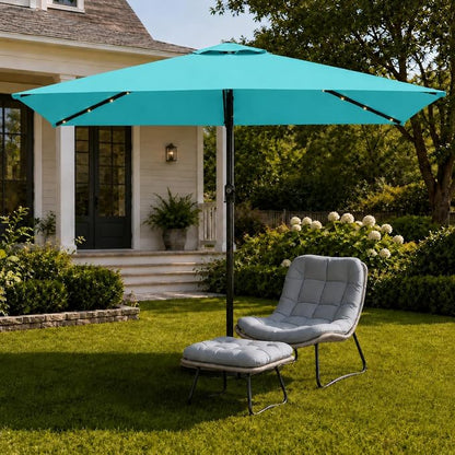 6.5 x 10ft Rectangular Patio Umbrella with Solar Lights, 16 LED Lighted Market Umbrella with Push-Button Tilt and Crank, 6 Sturdy Iron Ribs for Garden, Deck, Pool, Aqua Blue