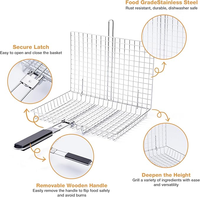 Fish Grill Basket, Folding Stainless Steel Fish Grilling Rack for Grill, Outdoor Camping BBQ Grilling Basket for Fish, Shrimp, Vegetables, Steak & Meat, with Portable Removable Handle, and Carry Bag, Gifts for Men,Dad, Husband