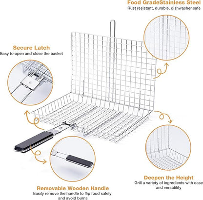Fish Grill Basket, Folding Stainless Steel Fish Grilling Rack for Grill, Outdoor Camping BBQ Grilling Basket for Fish, Shrimp, Vegetables, Steak & Meat, with Portable Removable Handle, and Carry Bag, Gifts for Men,Dad, Husband