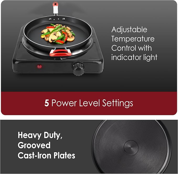 Hot Plate, 1500W Electric Stove with Single Cast Iron Burner – 5 Adjustable Temperature Levels & Knob Control, Portable Countertop Cooktop for Home, RV, and Camping (Black)