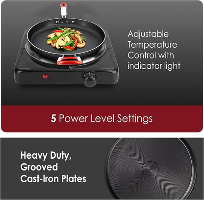 Hot Plate, 1500W Electric Stove with Single Cast Iron Burner – 5 Adjustable Temperature Levels & Knob Control, Portable Countertop Cooktop for Home, RV, and Camping (Black)