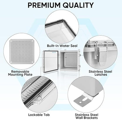 TICONN Outdoor Electrical Box Waterproof, Junction Box IP67 ABS Plastic Enclosure with Hinged Cover with Mounting Plate, Wall Brackets, Cable Glands (Clear, 11.8"x11.8"x7.1")