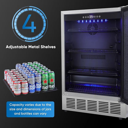 24 Inch Outdoor Beverage Refrigerator, Stainless Steel Beverage Fridge 180 Can Under Counter Built-in/Freestanding, Waterproof, Fast Cooling, Low Noise - Outdoor Refrigerator for Home and Patio