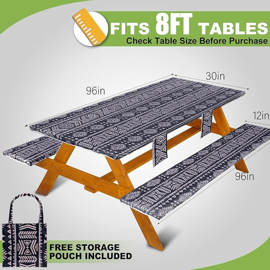 Wrakus Picnic Table Cover with Bench Covers Vinyl Elastic Edges Fitted Rectangle Seat Tables Waterproof 3-Piece96X30in Set Outdoor Rectangular Folding Backing Tablecloth for Camping Over Size