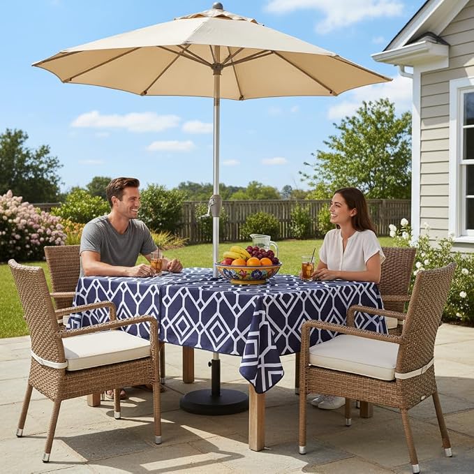 LUSHVIDA Moroccan Outdoor Tablecloth with Umbrella Hole and Zipper, 60 x 120 Inch Navy, Rectangle Waterproof Wrinkle Free Table Cloth Decorative Fabric Washable Table Cover for Patio, Party, Picnic