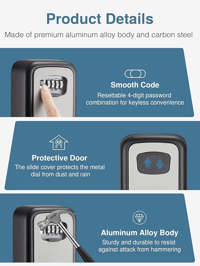 Puroma Security Key Lock Box, 4-Digit Combination Waterproof Key Storage Lockbox Wall Mount 5 Key Large Capacity for House, Special Car Key, ID Card (Black & Gray)