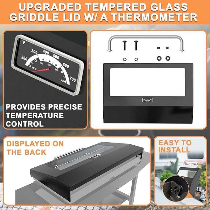 Upgrade Hinged Lid for Blackstone 28" Omnivore Griddle Hood,5857 Visualized Tempered Glass Hard Cover for Blackstone Lid 28" Omnivore 2206 1883 1517 2287 etc.Flat Top Griddle Accessories w/Thermometer
